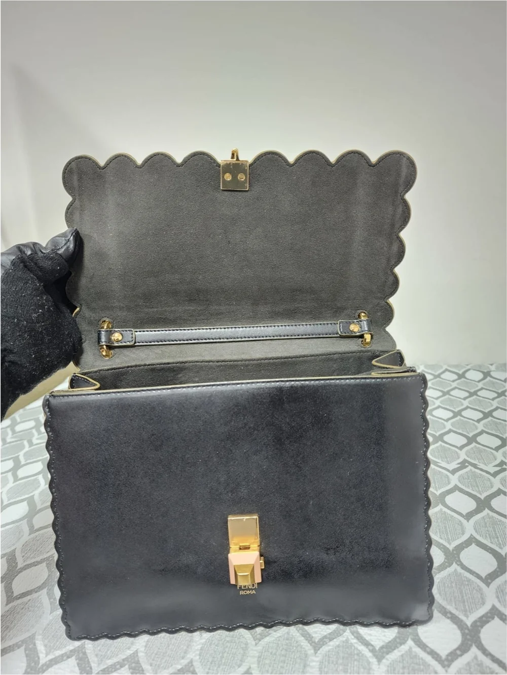 FENDI Vitello Liberty Scalloped Studded Kan I Shoulder Bag Black